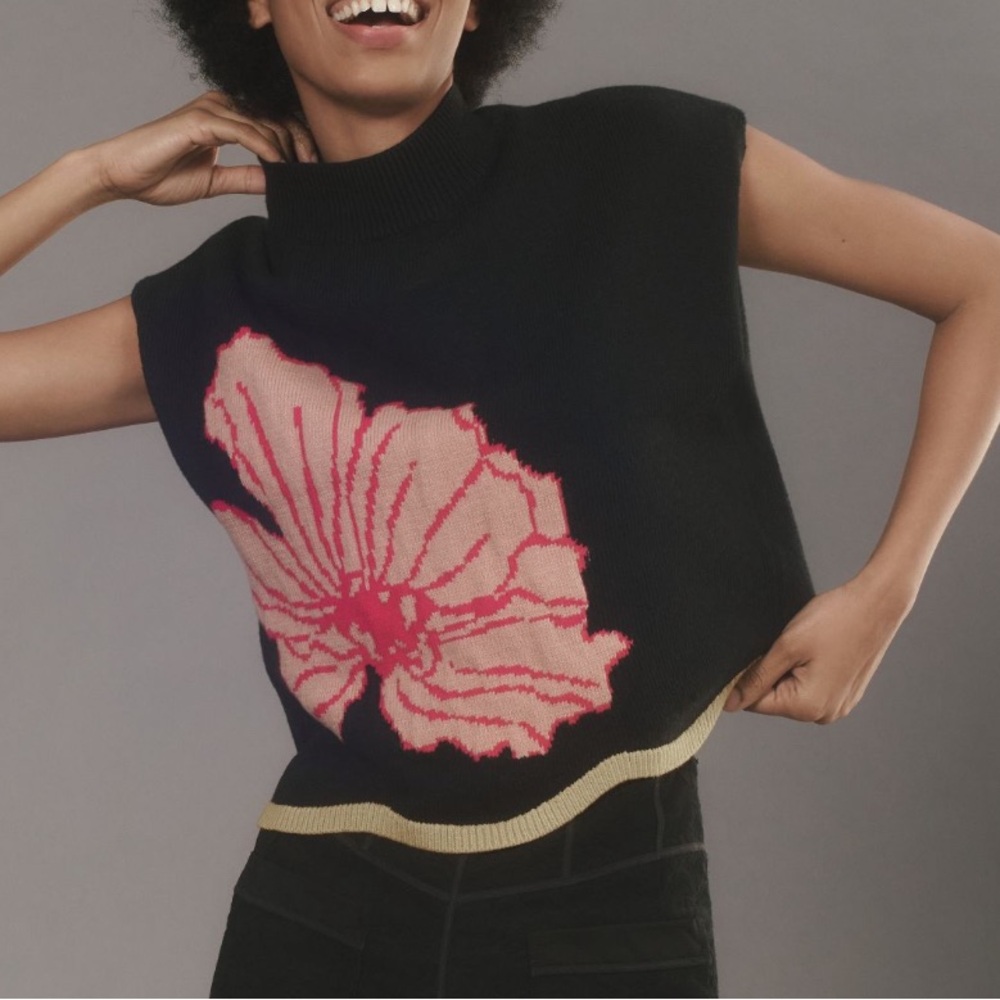Maeve Black Sweater with Pink Floral Design